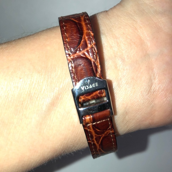 VISAGE Polished Nickel Scallop Face Brown Leather Vintage Analog Tank Watch EUC - Picture 6 of 16